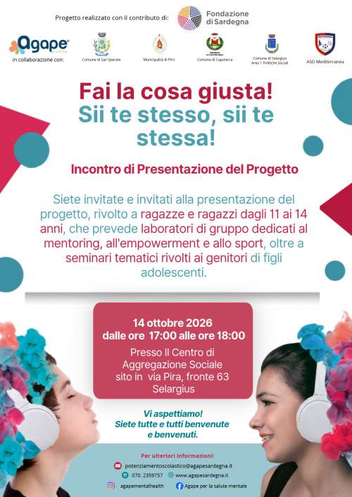 Incontro di presentazione del Progetto Fai la cosa giusta ! Sii te stesso!  Rivolto a genitori di figli adolescenti.